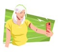 beautiful woman character taking selfie. holding and using a smartphone camera. cartoon vector illustration. Royalty Free Stock Photo