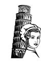 Italian female chef by leaning tower of pisa black vector outline portrait