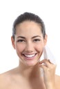 Beautiful woman cleaning face with a facial wipe Royalty Free Stock Photo