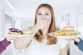 Beautiful woman closed mouth for calorie food Royalty Free Stock Photo