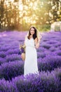 Beautiful woman collects lavender. A girl in a white sundress and hat in the summer in nature