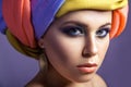 Beautiful woman with colored headwear and blue makeup. Royalty Free Stock Photo