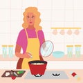 Beautiful woman cooking in her kitchen. brunette in a red dress and yellow apron salt soup and holds the lid from the pot. Cartoon