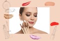 Beautiful woman and cosmetic products on color background. Makeup artist Royalty Free Stock Photo