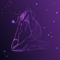 Beautiful woman on the Cosmic Sky. Vector illustration of bright purple star planet zodiacal symbols Astrology,