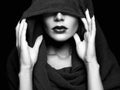 Beautiful woman in hood. Black and white portrait Royalty Free Stock Photo