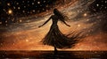 beautiful woman dancing at night, sky full of golden stars Royalty Free Stock Photo
