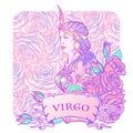 Beautiful woman with a decorative flower frame. Seamless pattern background. Zodiac Art Nouveau luxury style set. Virgo. Royalty Free Stock Photo