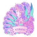Beautiful woman with a decorative flower frame. Seamless pattern background. Zodiac Art Nouveau luxury style set. Virgo. Royalty Free Stock Photo