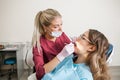 Beautiful woman dentist in the mask examines a patient in the dental office