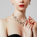 Beautiful woman with diamond necklace. Young beauty model with diamond pendant and earrings. Jewellery and accessories