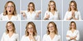 Beautiful woman with different facial expressions and gestures Royalty Free Stock Photo