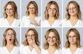 Beautiful woman with different facial expressions and gestures Royalty Free Stock Photo