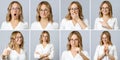 Beautiful woman with different facial expressions and gestures Royalty Free Stock Photo