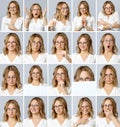 Beautiful woman with different facial expressions and gestures Royalty Free Stock Photo