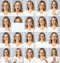 Beautiful woman with different facial expressions and gestures Royalty Free Stock Photo