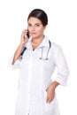 Beautiful woman doctor using telephone isolated on white Royalty Free Stock Photo