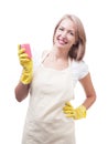 Beautiful woman doing housework in gloves with sponge isolated o Royalty Free Stock Photo