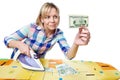 Beautiful woman with dollars and iron Royalty Free Stock Photo
