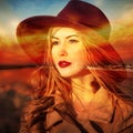 Beautiful woman dreamer on beach at sunset time Royalty Free Stock Photo