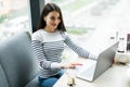 Beautiful woman dreaming about something while sitting with portable net-book in modern cafe bar. Young charming female freelancer Royalty Free Stock Photo