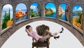 A beautiful woman is looking up by dreaming about the visiting of the most famous places in the Italy Royalty Free Stock Photo