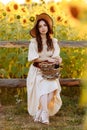 Beautiful woman in a dress and hat in a field of sunflowers Royalty Free Stock Photo