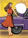 Beautiful woman in dress stay next to car. Comic vector illustration in pop art retro style. Royalty Free Stock Photo