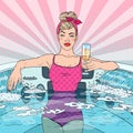 Beautiful Woman Drinking Champagne in Jacuzzi. Pop Art illustration