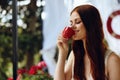 beautiful woman drinking coffee outdoors Relaxation concept Royalty Free Stock Photo