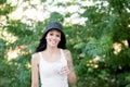 Beautiful woman drinking water while hiking Royalty Free Stock Photo