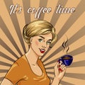 Beautiful woman drinks coffee vector illustration in retro comic pop art style. Royalty Free Stock Photo