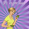 Beautiful woman drinks coffee vector illustration in retro comic pop art style. Royalty Free Stock Photo