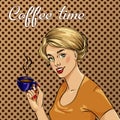 Beautiful woman drinks coffee vector illustration in retro comic pop art style. Royalty Free Stock Photo