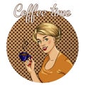 Beautiful woman drinks coffee vector illustration in retro comic pop art style. Royalty Free Stock Photo