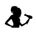 Beautiful Woman dry her curly hair. Black female silhouette isolated on white background. Haircare concept. Vector.