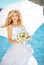 Beautiful woman, Elegant bride with wedding roses bouquet, outdo Royalty Free Stock Photo