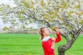 Spring allergy. Beautiful woman enjoying nature blooming tree Royalty Free Stock Photo