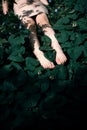 Beautiful woman lying among darkgreen plants, pretty girl relaxing outdoor. Woman feet.