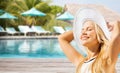 Beautiful woman enjoying summer over beach pool Royalty Free Stock Photo