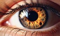 Beautiful woman epic eye, with gorgeous and fiery, light brown iris, closeup shot. Generative AI Royalty Free Stock Photo