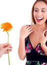 Beautiful woman excited by geting sun flower