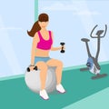 Beautiful woman exercising with two dumbbell weights sitting on the fitness ball Royalty Free Stock Photo