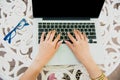 Beautiful Woman Explore Online Shopping Website. Close up hands of young woman shopping online by using laptop and reading online Royalty Free Stock Photo