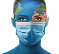 Beautiful woman face close up with planet Earth texture and a mask