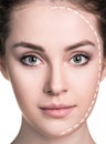 Beautiful woman face with correction line. Royalty Free Stock Photo
