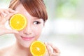 Beautiful woman face with juicy orange Royalty Free Stock Photo