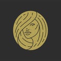 Beautiful woman face long hair circled minimalist badge antique decorative design grunge texture
