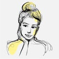 Beautiful woman face thinking hand drawn vector illustration. Stylish original graphics portrait with beautiful young Royalty Free Stock Photo