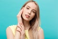 Beautiful Woman Face Portrait Beauty Skin Care Concept: beauty young caucasian female model girl touching her face skin Royalty Free Stock Photo